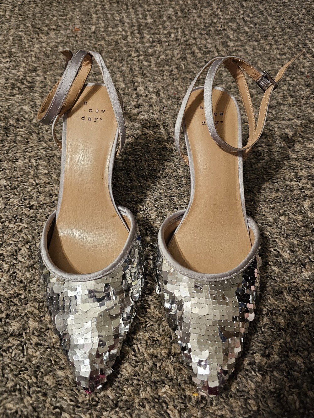 a new day Silver Sequin Pointed Toe Ankle-Strap Mules